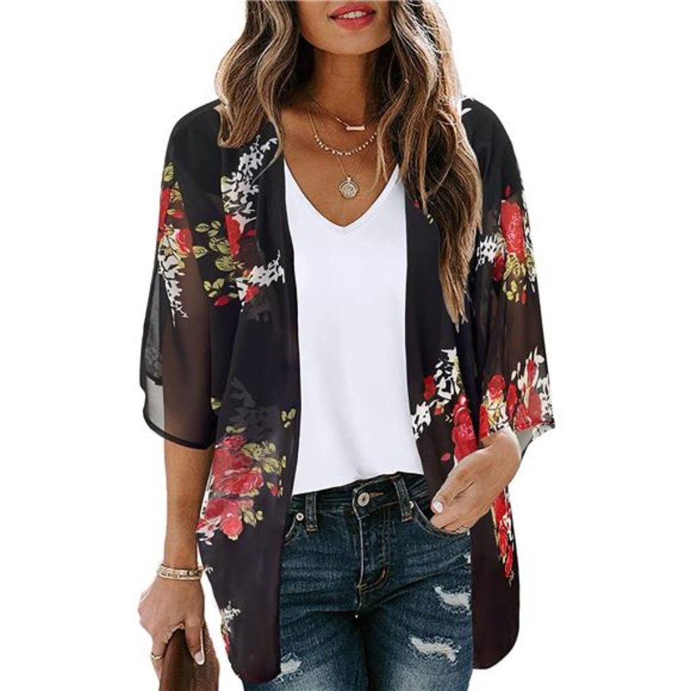 Women's Floral Print Puff Sleeve Kimono Cardigan Loose Cover Up Blouse Top